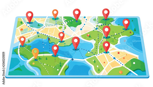 Colorful Map with Red Location Pins.