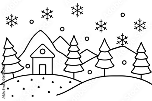 Cozy Snow Scene Line Art Design