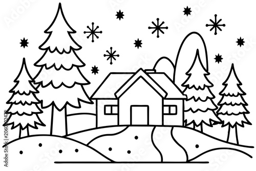 Cozy Snow Scene Line Art Design