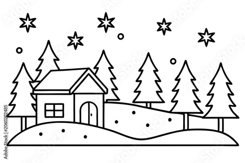 Cozy Snow Scene Line Art Design