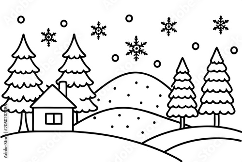 Cozy Snow Scene Line Art Design