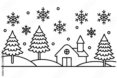Cozy Snow Scene Line Art Design