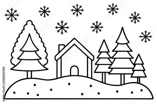 Cozy Snow Scene Line Art Design