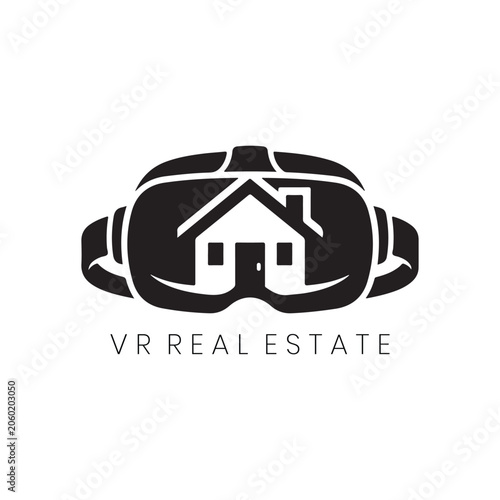 VR Real Estate Logo design featuring a house in VR headset for virtual VR Real Estate Logo.