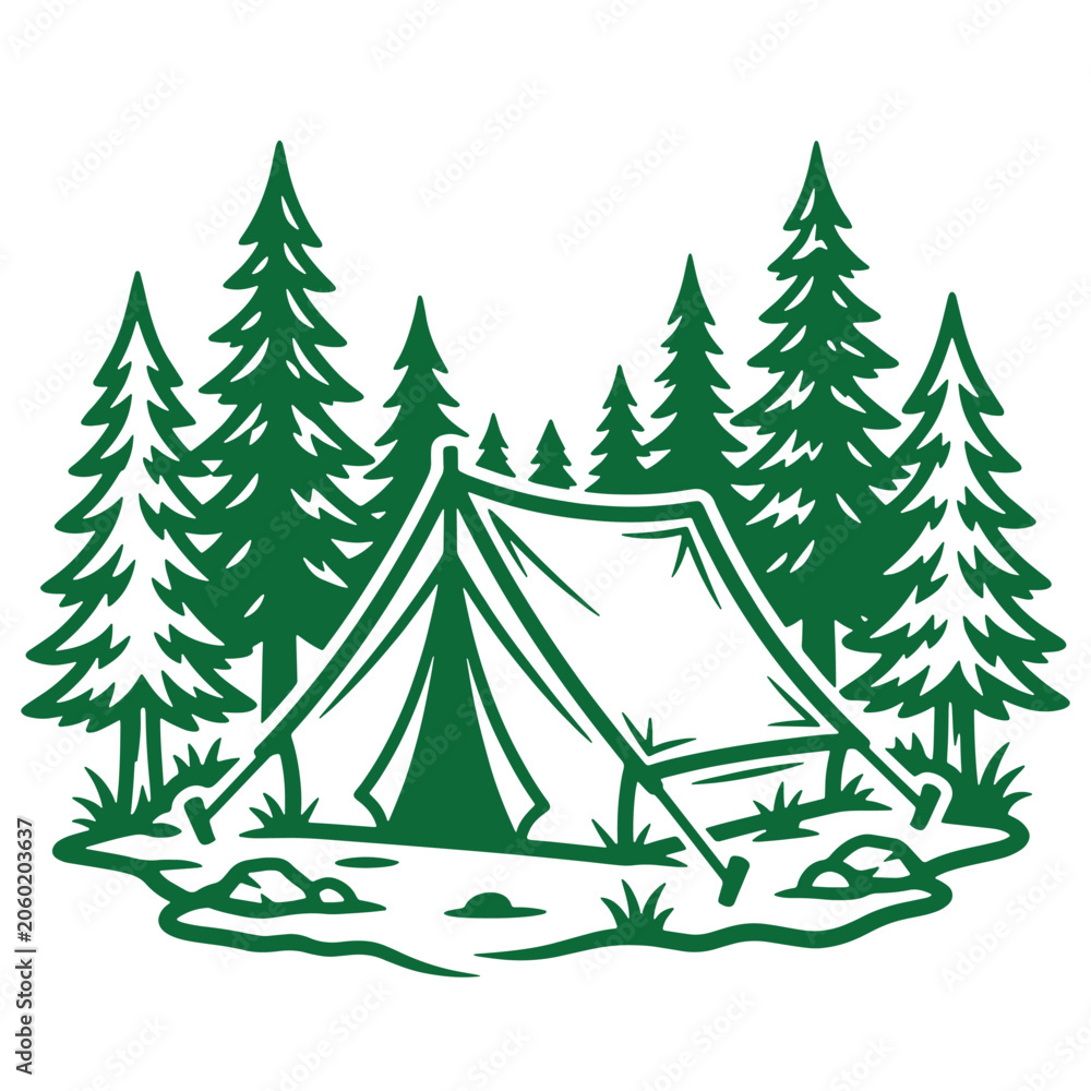 Obraz premium Simple camping tent graphic in pine forest setting with white background line art outdoor gear camping trip