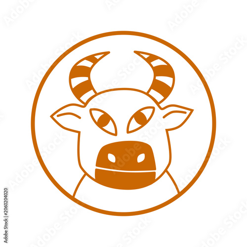 Ox head icon in a circle, cow minimalist vector illustration, brown outline, line drawing, isolated on white background