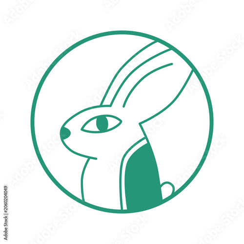 Rabbit head icon in a circle, bunny minimalist vector illustration, green outline, line drawing, isolated on white background
