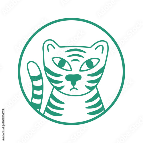 Tiger head icon in a circle,  minimalist vector illustration, green outline, line drawing, isolated on white background