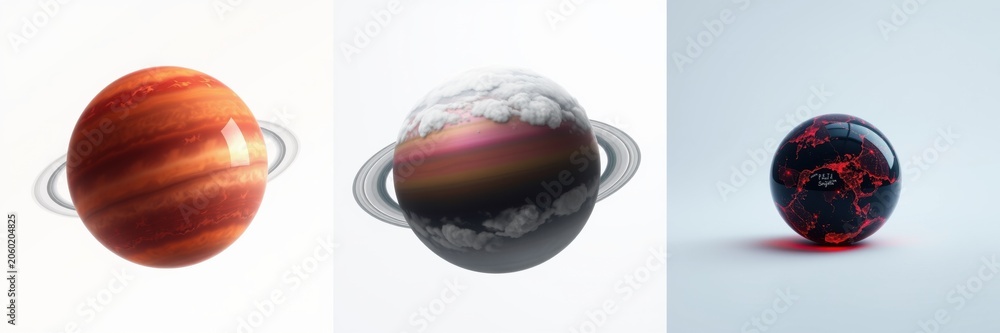 Fototapeta premium Planets displayed. Reddish, cloudy, cracked spheres. Minimalist style, studio lighting, white background. Simple composition.