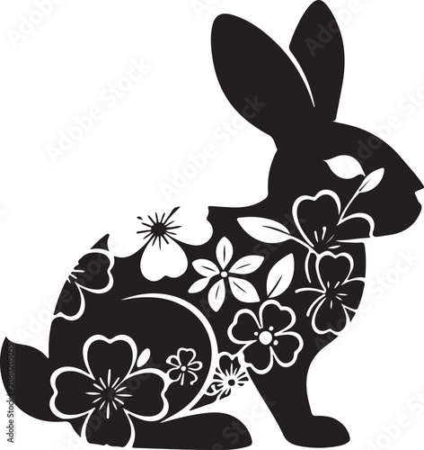 Black Bunny, Floral Rabbit, Easter Icon, Vector Silhouette