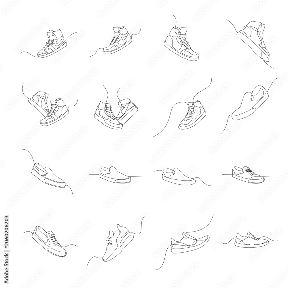 Obraz premium Minimalist Continuous Line Art Drawing Collection of Trendy Sneakers and Casual Footwear