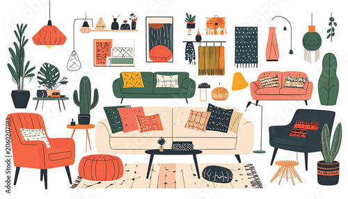 Colorful Living Room Furniture Illustration.