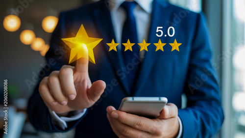 Person giving five-star rating on smartphone