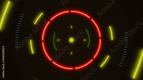Glowing Red Circle Scanner Animation with Futuristic Neon HUD Elements on Dark Background
