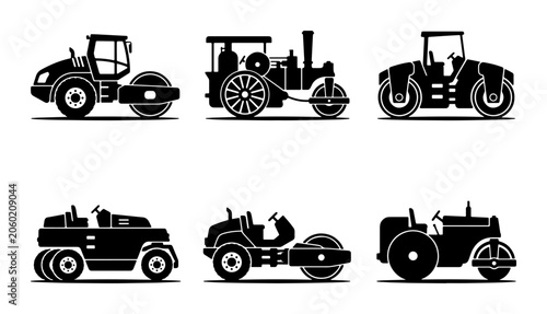 Foto Vintage Steam Roller, Modern Compactor, and Heavy Machinery Vector Icons Set, Ro