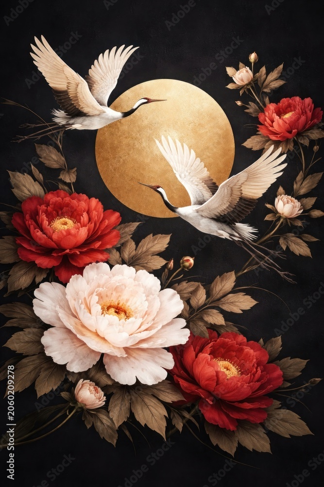 Fototapeta premium Elegant cranes with vibrant florals.