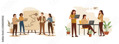 Team strategy planning and office collaboration vector illustrations with strategy planning teamwork business collaboration colleagues discussion brainstorming development corporate computer