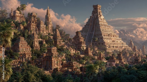 Lost civilization. Fantasy. A vivid portrayal of a fantastical cityscape at sunset. The main subject is a sprawling collection of intricately designed temples.