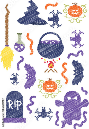 Halloween Doodle Elements Vector Set with Ghost Pumpkin Witch Hat Cauldron Spider and Graveyard Sketch Illustration