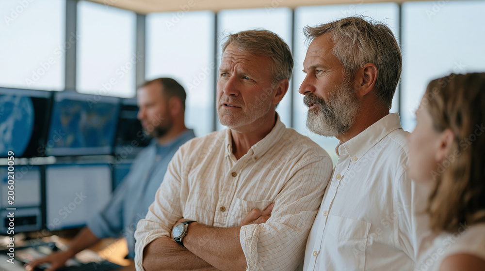 Fototapeta premium Space weather analyst team at regional power utility emergency operations center consulting with grid engineers about satellite derived geomagnetic disturbance alerts while