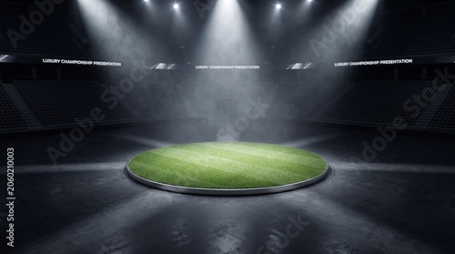 Elegant Luxury Championship Presentation Showcase Featuring High-End Artificial Turf Court Under Dramatic Stadium Spotlights
