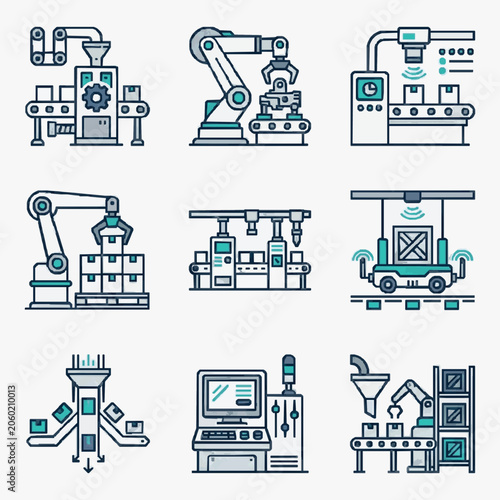 Automated Factory Production Line Icons Set.