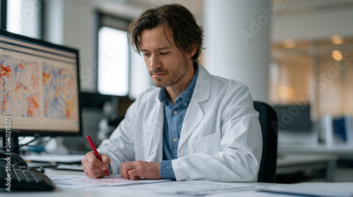 Pharmacovigilance signal detection workflow showing global adverse event frequency heat maps on a monitor in a pharmaceutical safety department, a regulatory affairs scientist