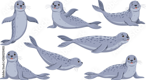 Quadro su tela Cute cartoon harbor seal characters vector illustration set with various active swimming laying and clapping poses for marine animal wildlife design