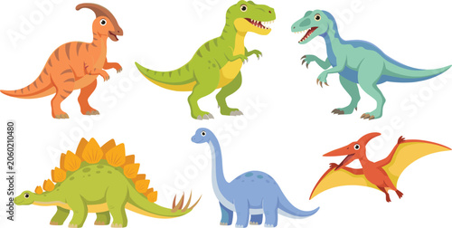Foto Cute cartoon dinosaurs vector illustration set with tyrannosaurus rex t-rex brachiosaurus stegosaurus pterodactyl and parasaurolophus prehistoric wild animal characters