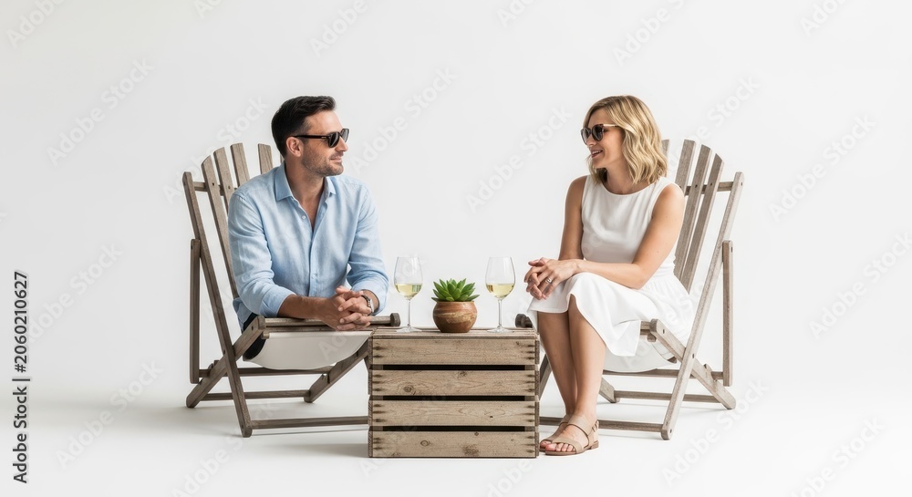 Obraz premium Man and woman wearing sunglasses sitting in wooden lounge chairs with wine glasses, isolated on white background