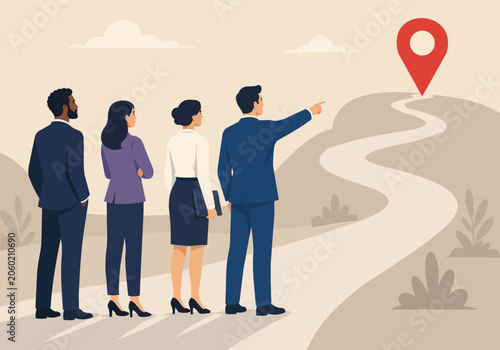 Foto Business people standing on a winding road looking at a red location pin on a ma