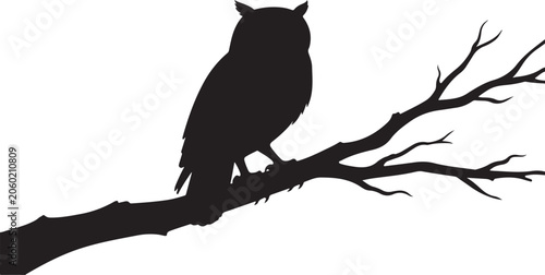 Owl silhouette, bird icon, tree branch, black and white