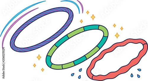 Colorful Hula Hoop Vector Illustration Set with Striped Sectional and Wavy Motion Hoops for Fitness Gymnastics and Kids Outdoor Play Designs