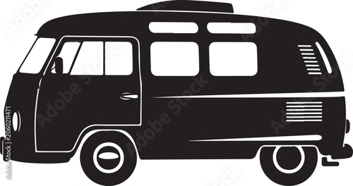 Vintage camper van, black silhouette, vehicle icon, travel symbol