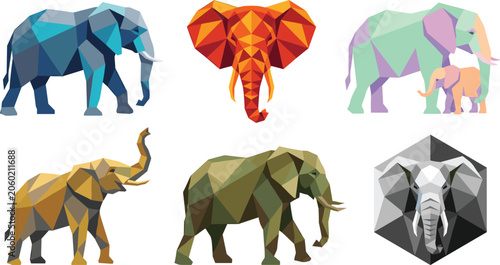 Photography Low Poly Elephant Collection with Colorful Geometric Wildlife Designs, Abstract
