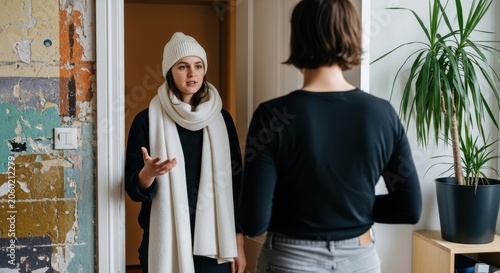 Two women talking in a doorway