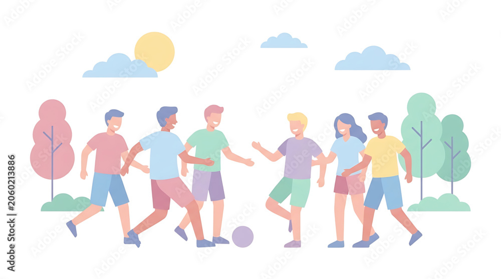 Fototapeta premium Group of young friends playing soccer in the park
