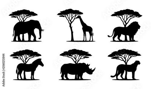 Photography African Wildlife Silhouettes: Elephant, Giraffe, Lion, Zebra, Rhino, Leopard wit
