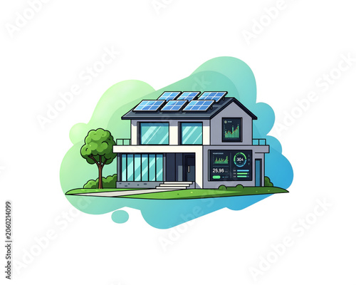 Modern Smart Eco Home Exterior with Rooftop Solar Panels and Digital Energy Analytics Dashboard UI Displaying Power Data Flat Vector Illustration, isolated, transparent background