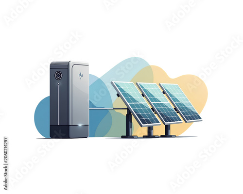 Smart Home Battery Storage System Connected to Solar Panels Array for Renewable Green Energy Grid Concept, Flat Vector Illustration, isolated, transparent background