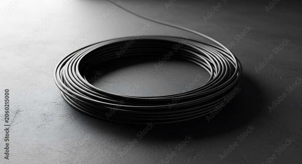 Fototapeta premium Coil of black electrical cable on dark textured surface
