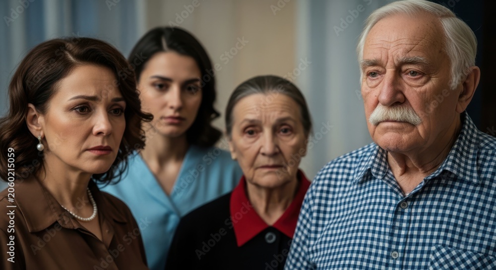Fototapeta premium Four people of different ages looking worried in a room