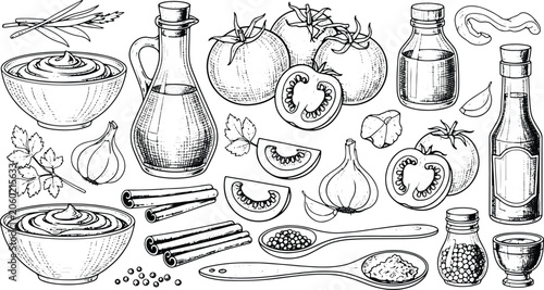 Hand Drawn Tomato Sauce Spices Garlic Vinegar Condiments Vintage Vector Set