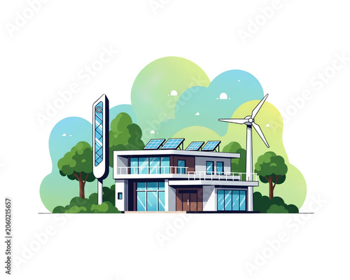 Modern Smart Eco House with Roof Solar Panels Wind Turbine and Futuristic Energy Pillar in Nature, Green Renewable Power Concept Flat Vector Illustration ,isolated , transparent background