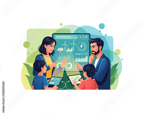 Family Learning Renewable Energy on Digital Dashboard, Parents and Kids using Smart Tablets for Solar Wind Power Data Concept, Flat Vector Illustration ,isolated , transparent background