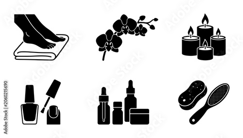 Tableau sur toile Spa and Beauty Icons: Foot Care, Orchid, Candles, Nail Polish, Serums, and Pumic