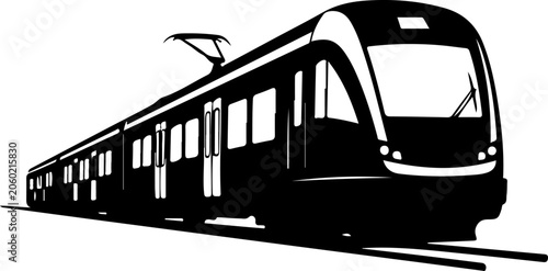 Modern tram, urban train, black silhouette, transportation icon, vector illustration
