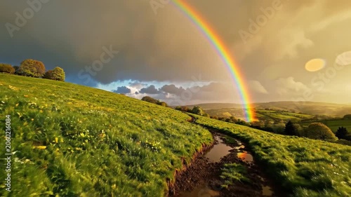 A Vibrant Rainbow Arcs Over a Lush Green Hillside After a Storm