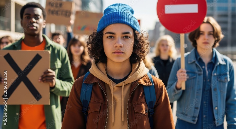 Obraz premium Young diverse group of people protesting on city street with signs