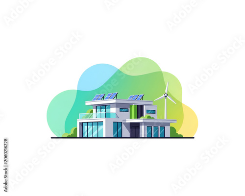 Modern Sustainable Architecture Villa with Rooftop Solar Panels and Wind Turbine on Abstract Fluid Background, Green Renewable Energy Concept Flat Vector Illustration